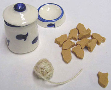Dollhouse Miniature Cat Bowl, Canister, Toy & Treats